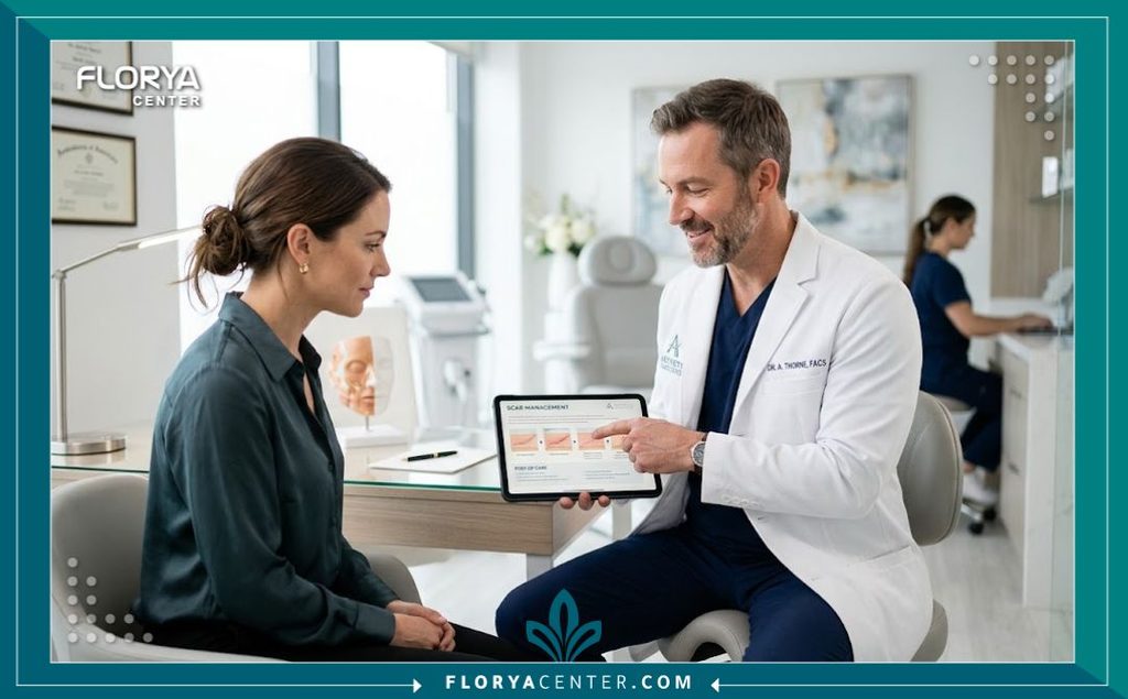 استشارة طبية مع جراح تجميل متخصص لمناقشة توقعات نتائج عملية شد البطن وكيفية العناية بالندبة بعد العملية.