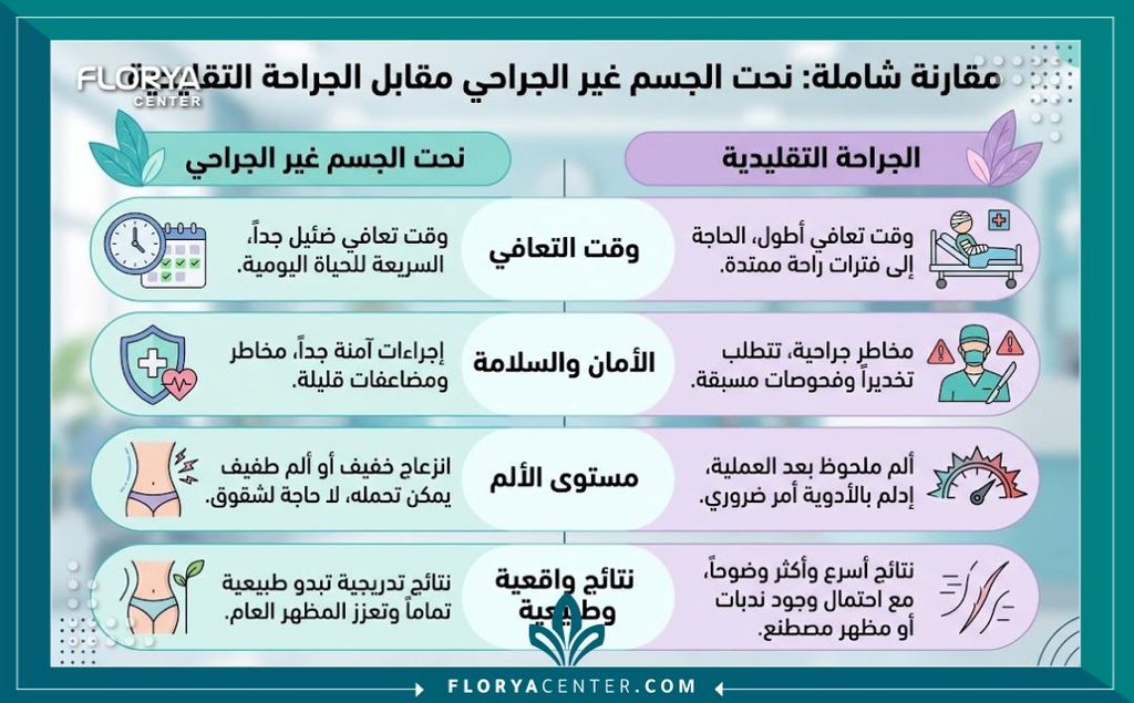 إنفوجرافيك يقارن بين شد الجسم المترهل بدون جراحة والعمليات الجراحية التقليدية من حيث فترة النقاهة والأمان.