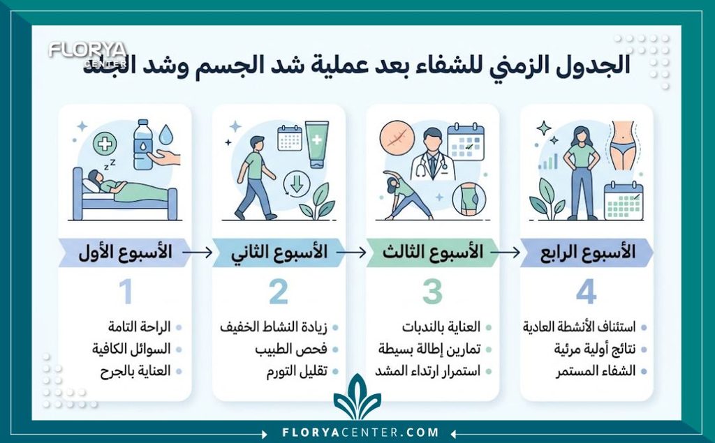إنفوجرافيك يوضح مراحل التعافي بعد عملية شد الترهلات وأهم النصائح للحصول على أفضل نتيجة.