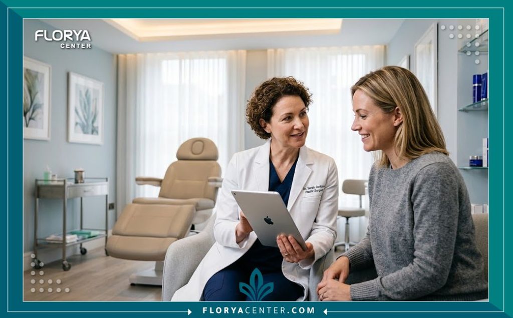 استشارة طبية في عيادة تجميل متطورة لمناقشة تفاصيل تجربة عملية شد الترهلات بأمان واطمئنان.