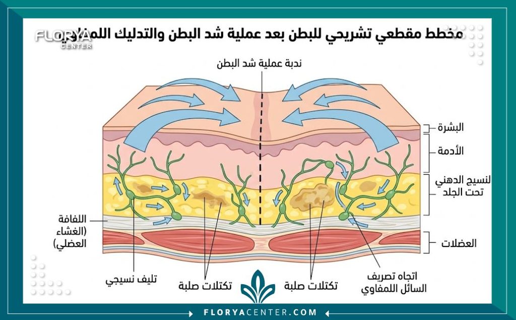رسم توضيحي طبي لطبقات الجلد يوضح تشكل التليف وتحجر البطن تحت الجلد وكيفية تصريف السوائل اللمفاوية.