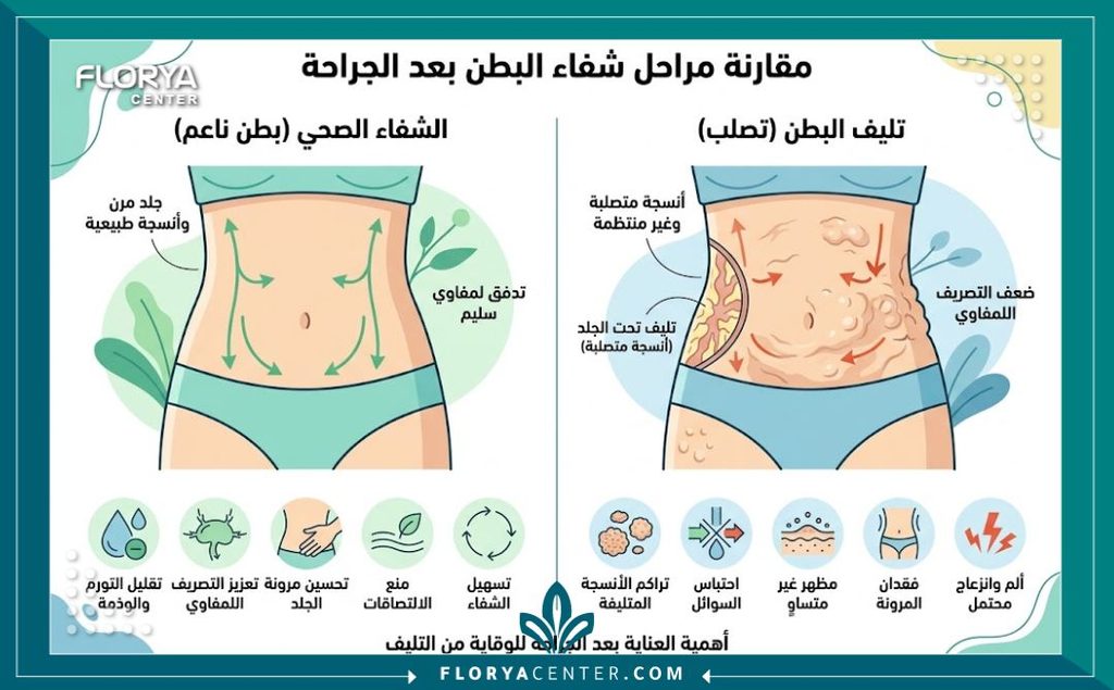 إنفوجرافيك يقارن بين التعافي الطبيعي وظهور الكتل القاسية وتليف البطن بعد عملية الشد مع إبراز فوائد المساج اللمفاوي.