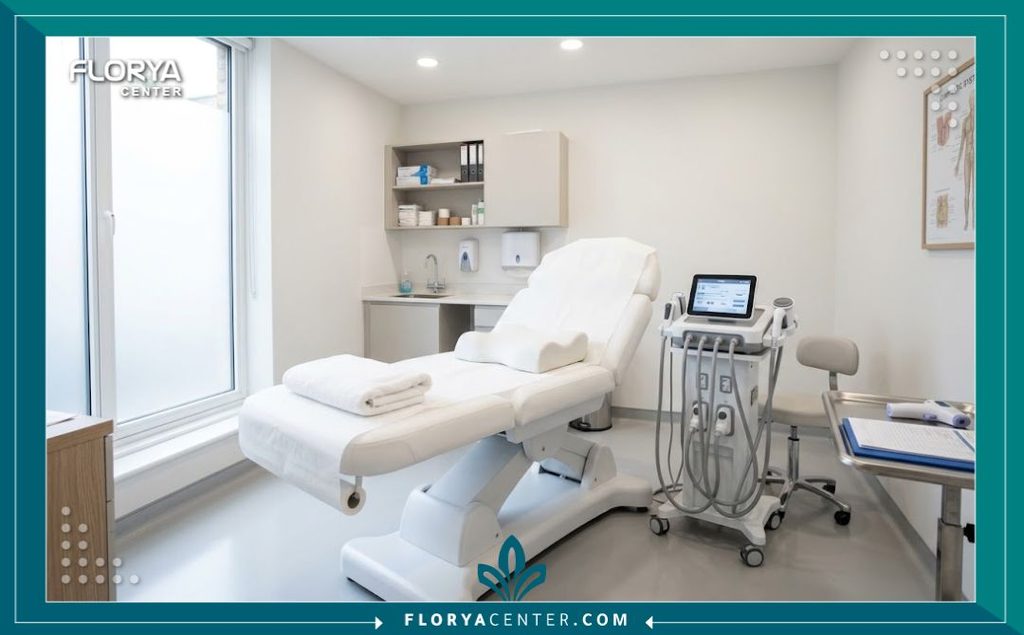 غرفة علاج مجهزة بأحدث الأجهزة الطبية لفك تحجر البطن وعلاج تليف الجلد بعد عمليات التجميل في مستشفى متطور.