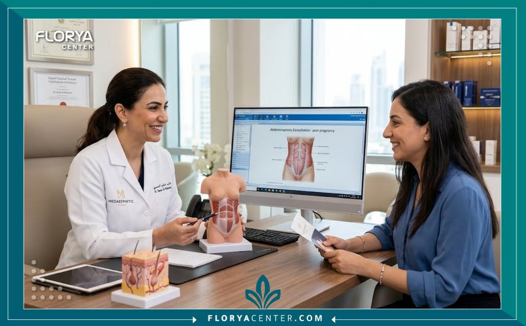 ترهلات البطن بعد الولادة 4 استشارة طبية متخصصة في عيادة تجميل حديثة ومعقمة لمناقشة عملية شد البطن بعد الولادة.