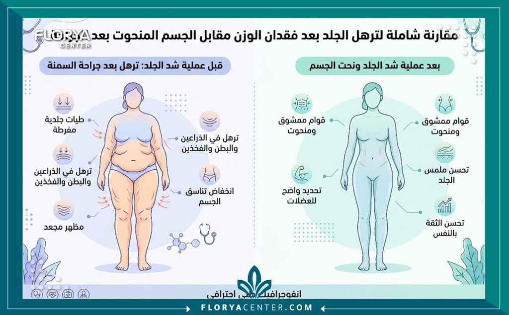 إنفوجرافيك طبي يقارن بين شكل الجسم قبل وبعد عمليات قص الترهلات الناتجة عن فقدان الوزن الكبير.