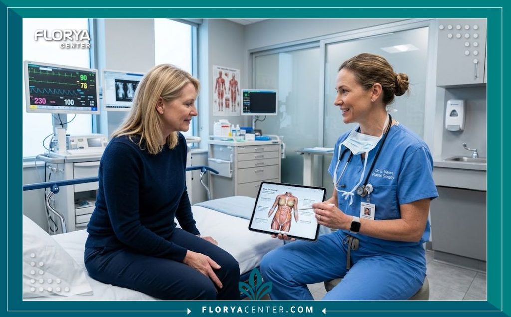 استشارة طبية مع جراح تجميل متخصص لمناقشة أفضل طرق علاج ترهلات التكميم وشد الجسم داخل مستشفى متطور.