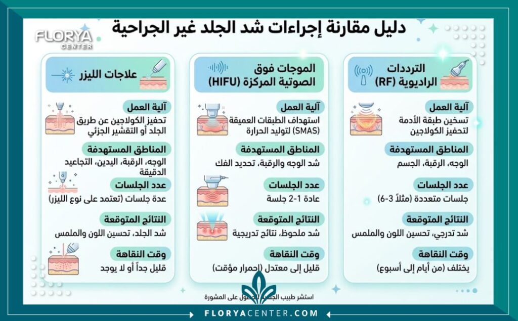 إنفوجرافيك يقارن بين أحدث الأجهزة والتقنيات غير الجراحية لشد ترهلات الجسم بعد إبر المنجارو وأوزمبك بدون جراحة.