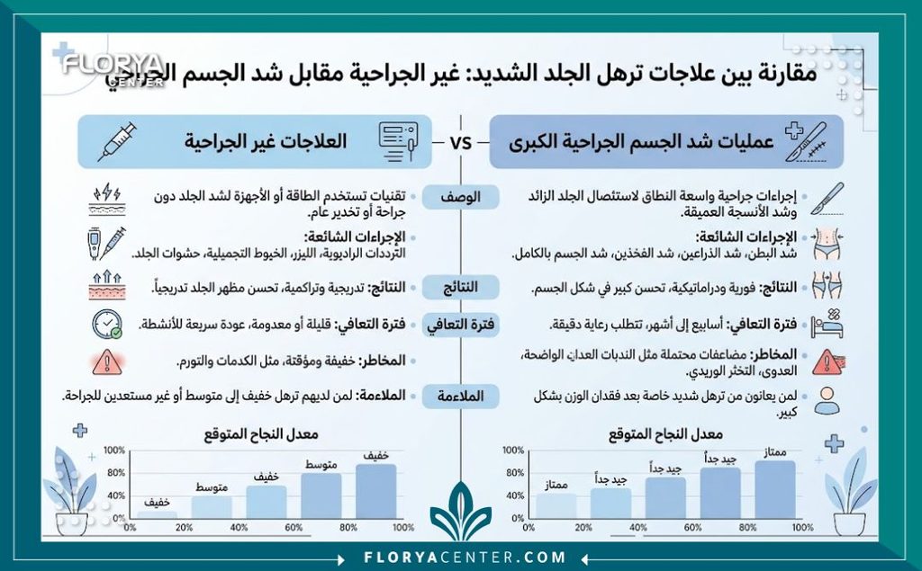 ترهلات الدرجة الرابعة 3 إنفوجرافيك يقارن بين فعالية العمليات المحيطية الكبرى والطرق غير الجراحية في علاج الترهلات الشديدة من الدرجة الرابعة.
