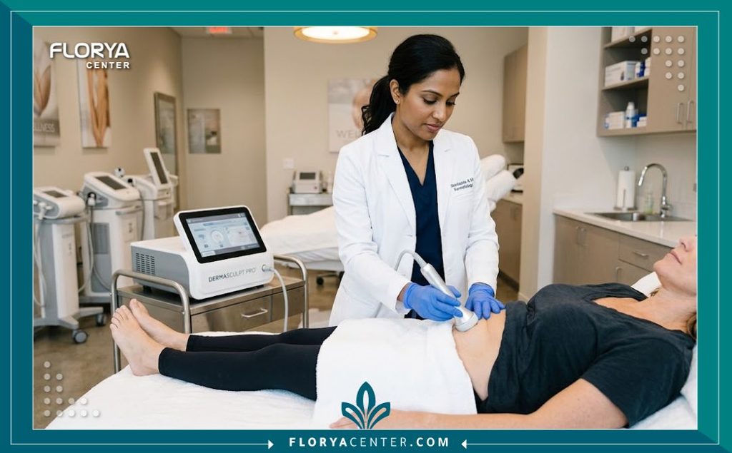 ترهلات الصيام المتقطع 4 طبيب متخصص يستخدم أحدث أجهزة الشد السطحي لعلاج ترهلات الجسم البسيطة بدون جراحة.