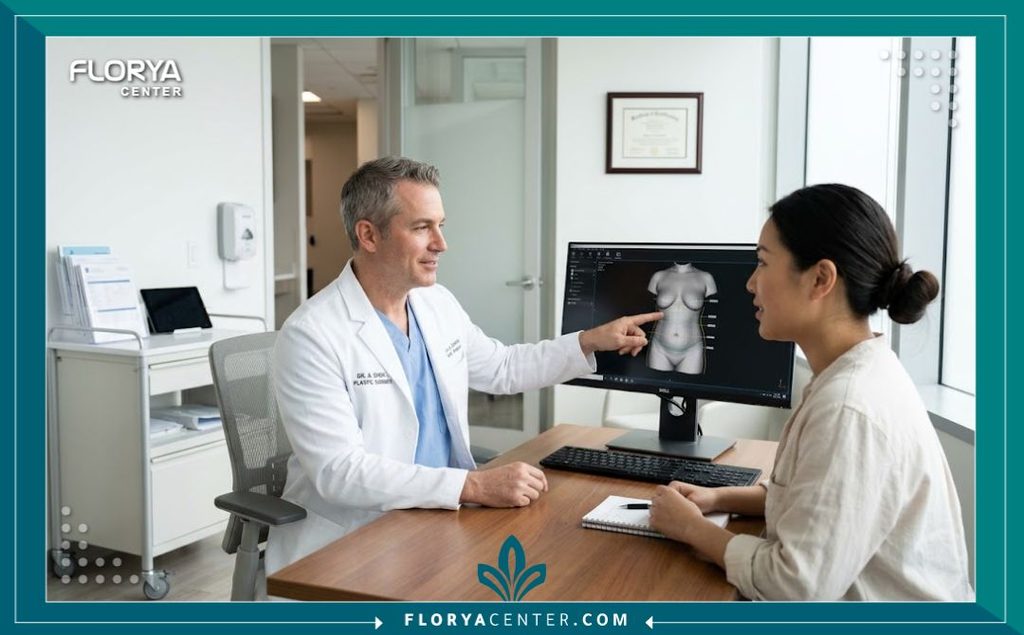 طبيب جراحة تجميل يشرح للمريض خطة عملية شد الترهلات الناتجة عن المنجارو داخل مستشفى حديث ومجهز.