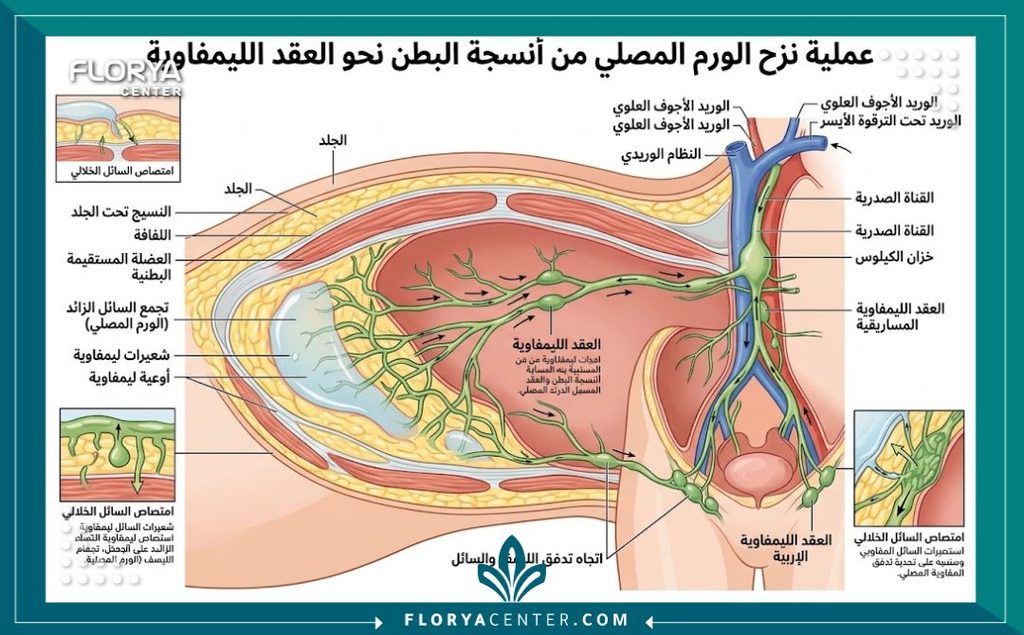 رسم توضيحي طبي يشرح تشريح الجهاز اللمفاوي وكيفية تصريف السيروما والسوائل المتراكمة تحت الجلد بعد العمليات الجراحية.