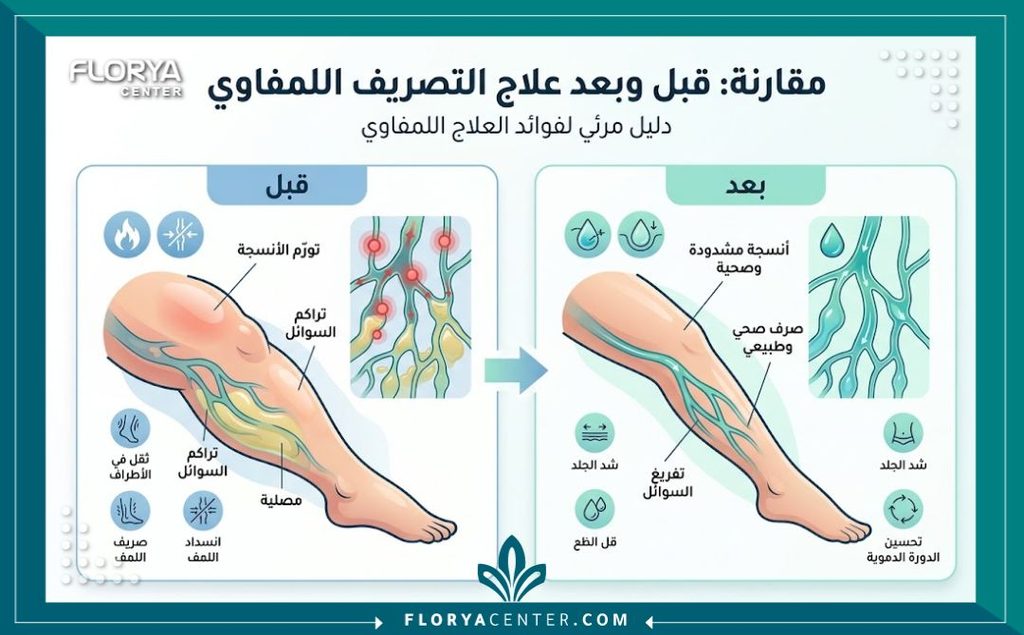 إنفوجرافيك طبي يقارن بين حالة الأنسجة قبل وبعد جلسات المساج اللمفاوي لتصريف التورم المائي وتسريع التعافي.