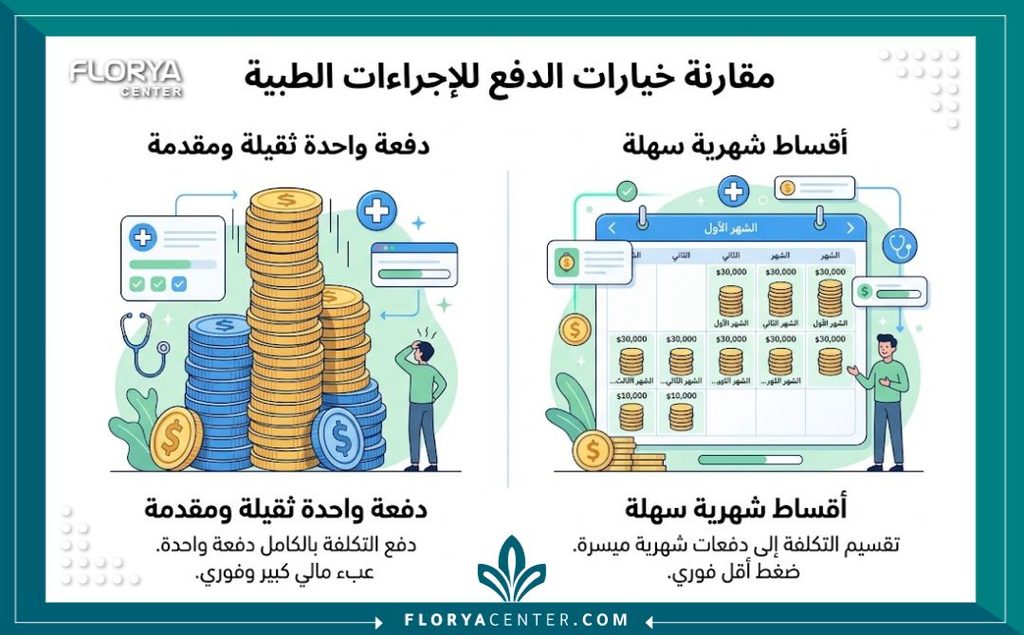 تقسيط عمليات التجميل 3 إنفوجرافيك يقارن بين الدفع الفوري والدفع عبر نظام تقسيط عمليات التجميل لتخفيف العبء المالي.