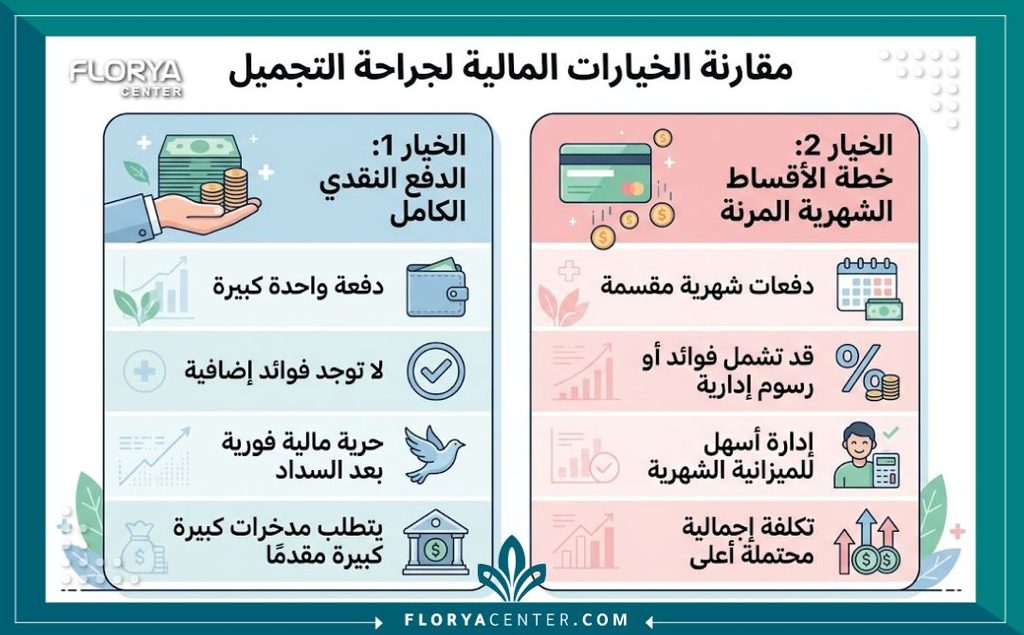 إنفوجرافيك يقارن بين الدفع الفوري ومزايا تقسيط عمليات شد الجسم في العيادات لتسهيل التكاليف.