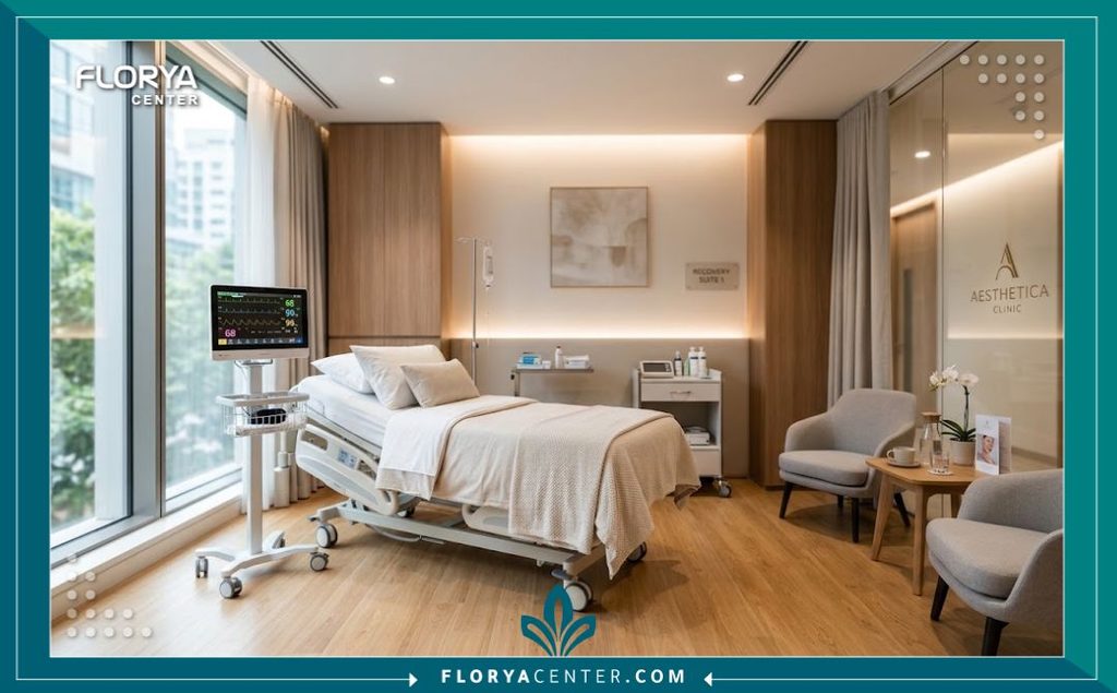 غرفة تعافي مجهزة بأحدث التقنيات في عيادة تجميل توفر خدمات تقسيط عمليات شد الجسم.