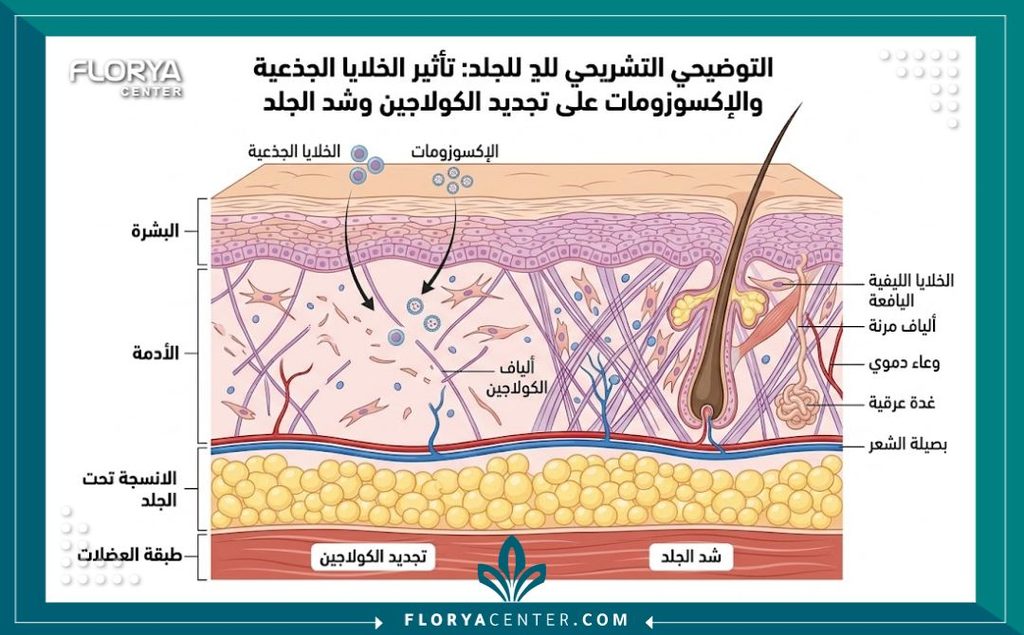 رسم توضيحي طبي لطبقات الجلد يوضح دور الخلايا الجذعية والإكسوزومات في شد الجسم وتجديد الخلايا.