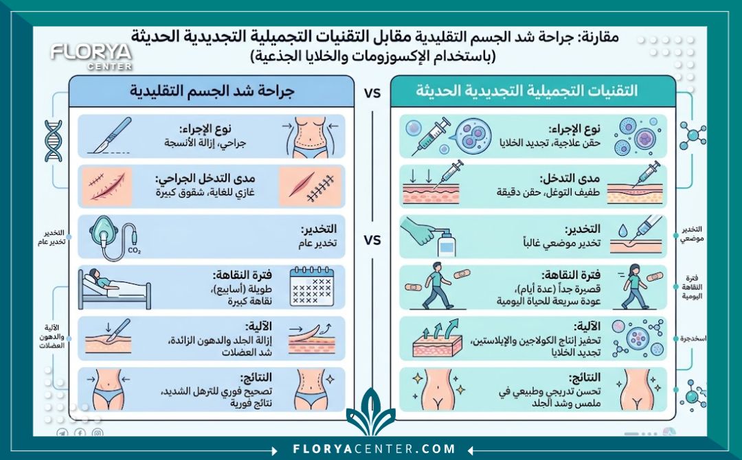 إنفوجرافيك يقارن بين عمليات شد الجسم الجراحية التقليدية وتقنيات التجميل التجديدي الحديثة بالإكسوزومات.
