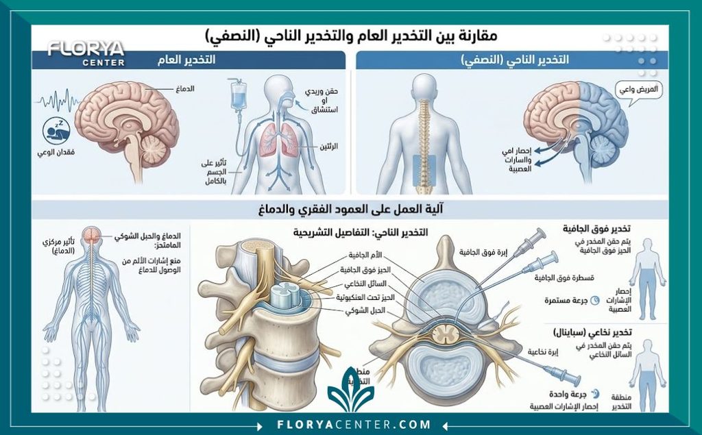 رسم توضيحي طبي يوضح الفرق بين التخدير العام وإبرة الظهر في عمليات نحت وشد الجسم.