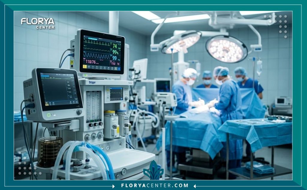أحدث أجهزة التخدير ومراقبة العلامات الحيوية داخل غرفة عمليات مجهزة لعمليات شد القوام بأمان.