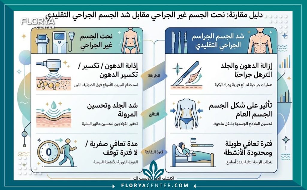 تقنية الألترافورمر 3 لشد محيط الجسم 3 إنفوجرافيك يقارن بين مميزات تقنية الألترافورمر 3 الكورية لشد الجسم بدون جراحة والعمليات الجراحية التقليدية.