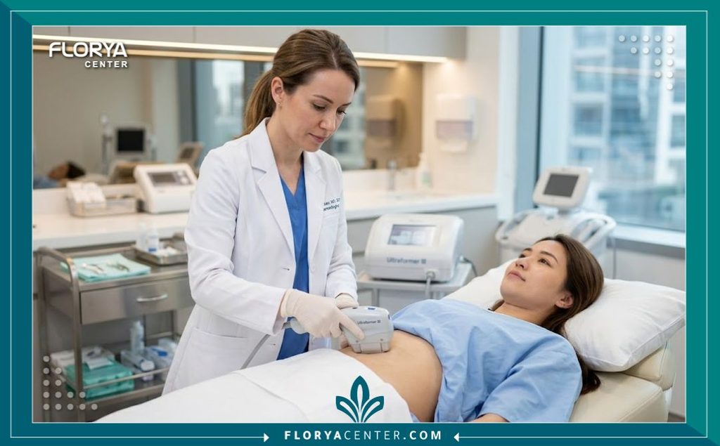 تقنية الألترافورمر 3 لشد محيط الجسم 4 طبيبة تجميل متخصصة تستخدم جهاز الألترافورمر 3 لنحت الجسم وتكسير الدهون في غرفة طبية معقمة ومجهزة بأحدث التقنيات.