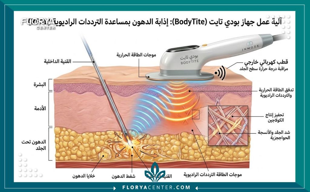 تقنية البودي تايت 2 رسم توضيحي طبي يوضح آلية عمل البودي تايت في إذابة الدهون والشد الراديوي الداخلي لمنع الترهل.