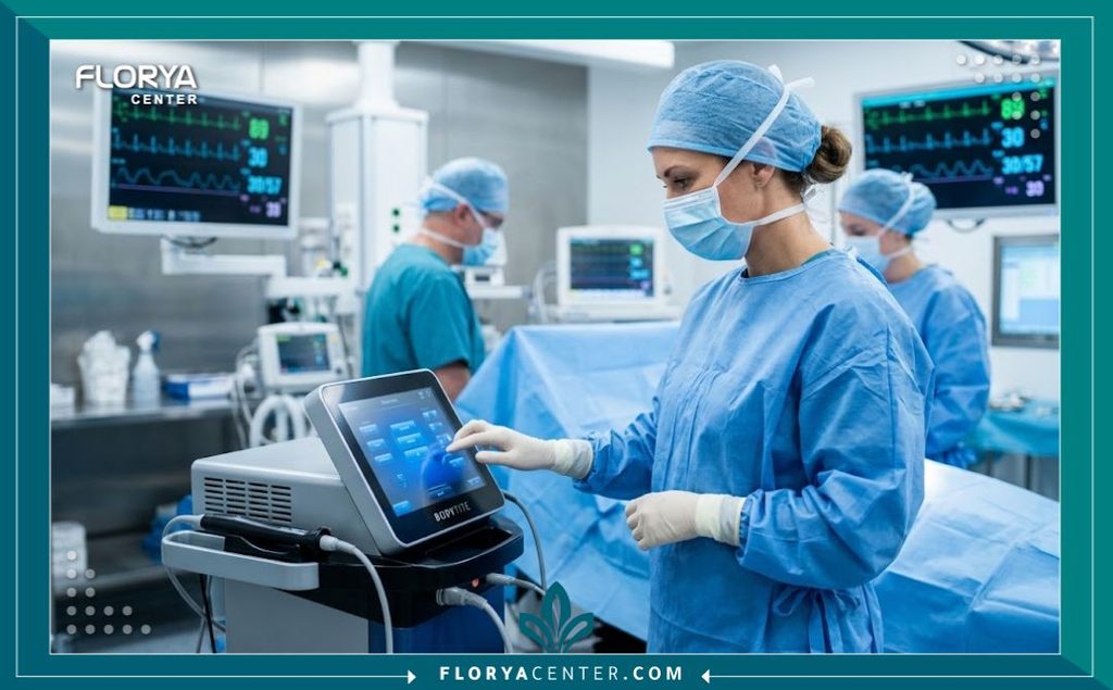 تقنية البودي تايت 4 طبيبة جراحة تجميل متخصصة تستخدم أحدث أجهزة البودي تايت داخل غرفة عمليات معقمة وحديثة.