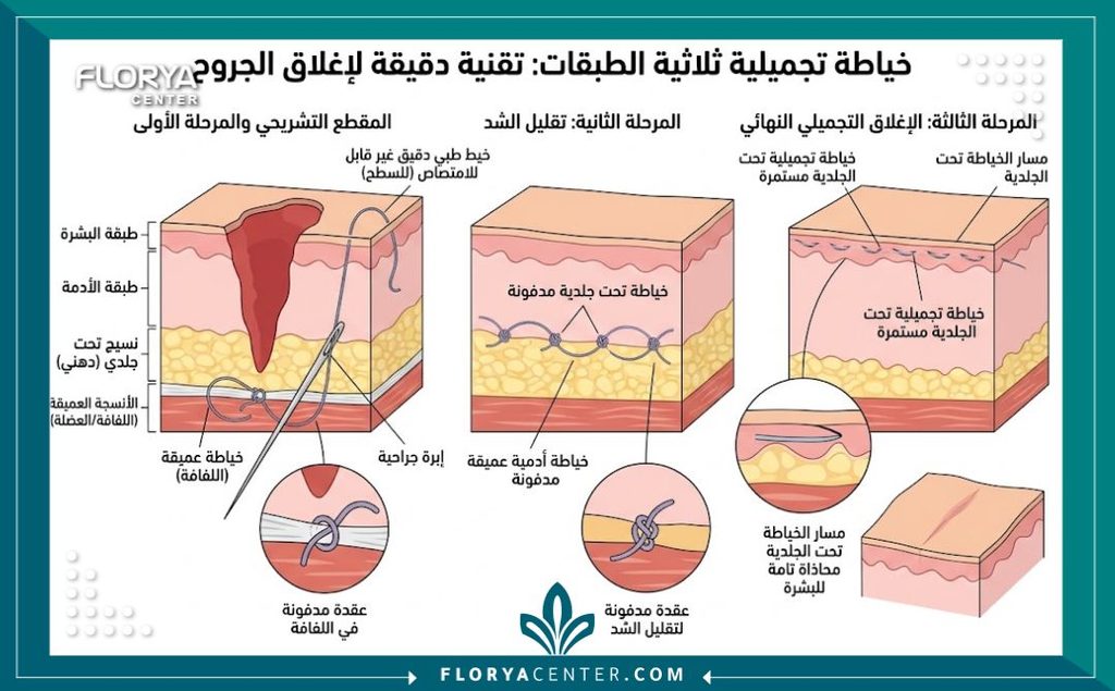 تقنية الخياطة التجميلية ثلاثية الطبقات 2 رسم توضيحي طبي يشرح طبقات الجلد الثلاث وكيفية تطبيق تقنية الخياطة التجميلية ثلاثية الطبقات لضمان عدم تمدد الندبة مستقبلاً.