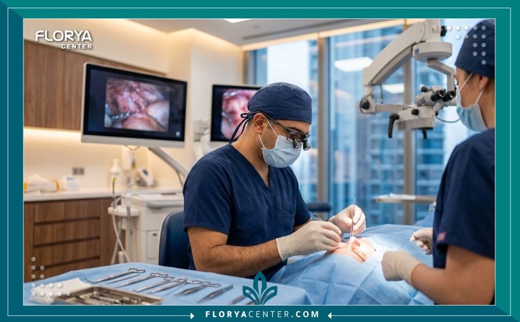 تقنية الخياطة التجميلية ثلاثية الطبقات 4 جراح تجميل خبير يقوم بإجراء عملية دقيقة داخل غرفة عمليات حديثة ومجهزة لضمان أفضل نتائج الخياطة التجميلية بدون أثر.