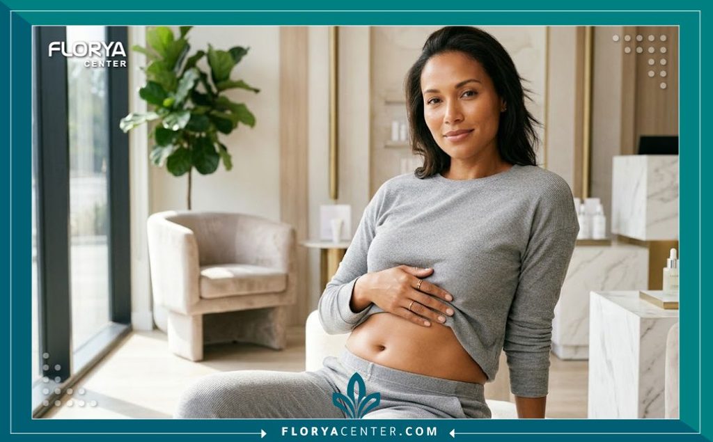 تقنية الخياطة التجميلية ثلاثية الطبقات 5 عارضة ببطن مشدود وبشرة نضرة تبرز جمال النتائج النهائية بعد الجراحة باستخدام الخياطة التجميلية الدقيقة بدون ندبات واضحة.