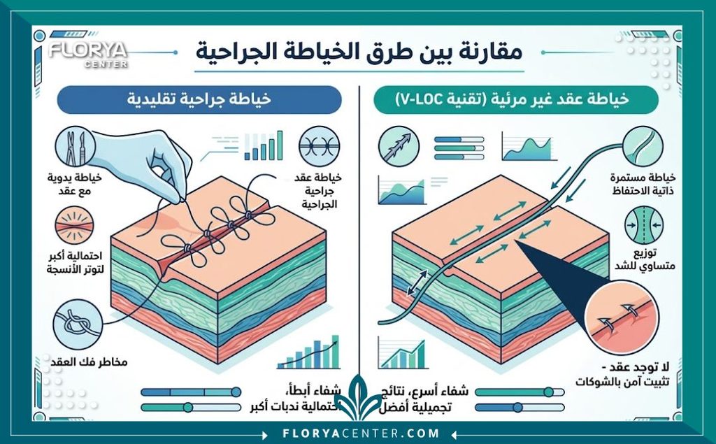 تقنية الخيوط الشائكة (Barbed Sutures) في شد الجروح 3 إنفوجرافيك مقارنة بين الخياطة الجراحية التقليدية وتقنية خيوط V-Loc ذاتية القفل لتسريع الالتئام وتقليل الجهد.