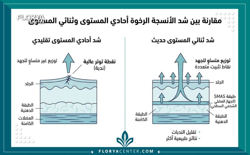 تقنية الرفع المزدوج للأنسجة الرخوة 3 إنفوجرافيك يقارن بين الشد التقليدي وتقنية الرفع المزدوج للأنسجة الرخوة في تخفيف الضغط على الندبة الجراحية.