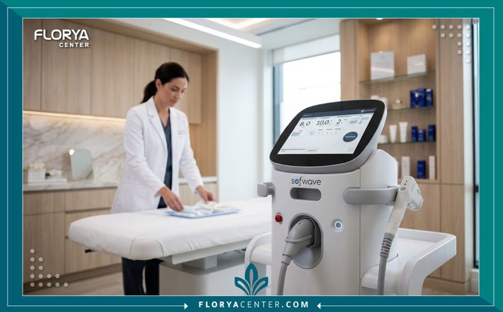 تقنية السوفت ويف للترهلات الخفيفة 4 جهاز السوفت ويف الحديث داخل عيادة تجميل طبية مجهزة لشد الجلد بدون جراحة وألم.