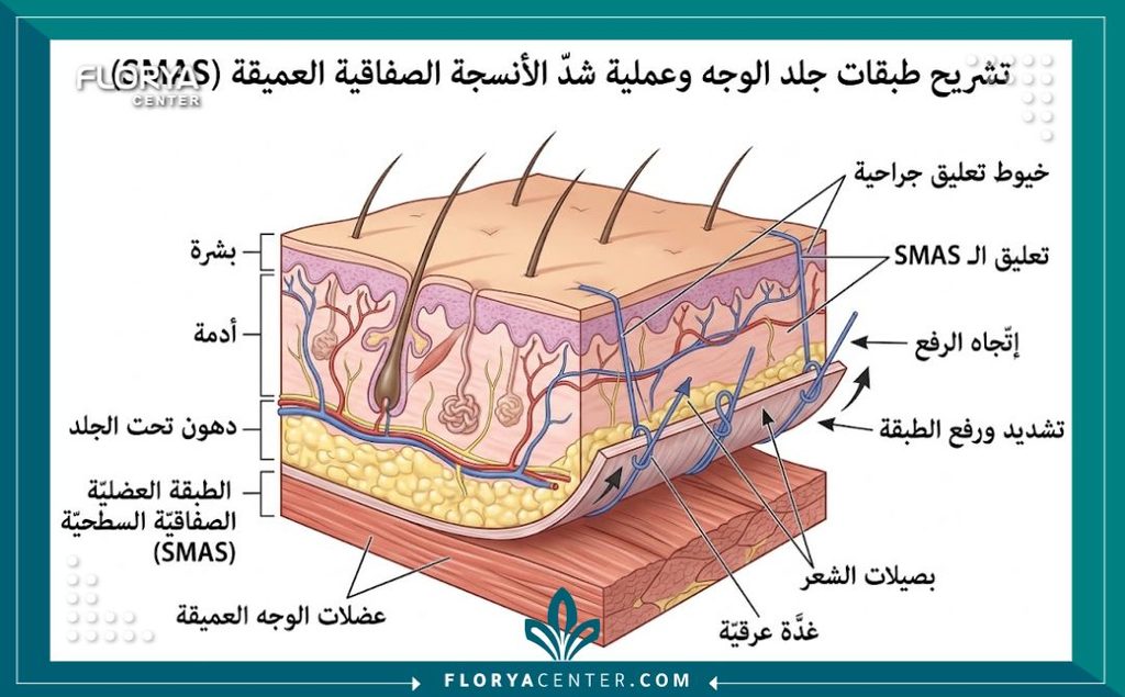 تقنية الشد الداخلي للأنسجة العميقة (Deep Tissue Suspension) 2 رسم طبي تشريحي يوضح طبقات الجلد وعملية تثبيت اللفافة العضلية في تقنية الشد الداخلي للأنسجة.