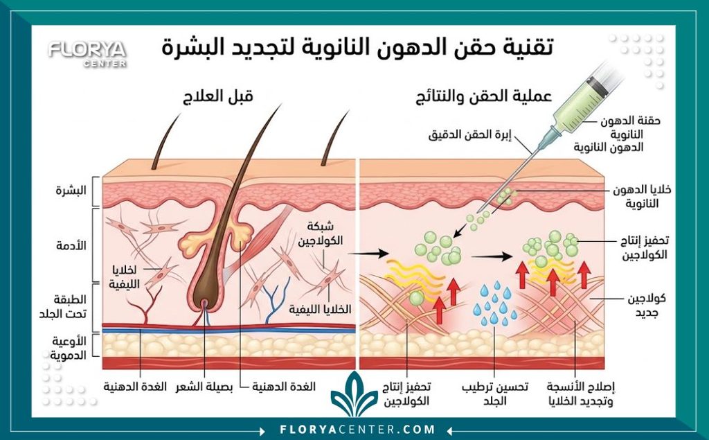 تقنية النانو فات لتحسين جودة الجلد المترهل 2 رسم توضيحي طبي لطبقات الجلد يوضح كيفية عمل دهون النانو فات المجهرية لتحفيز الكولاجين وترطيب الجلد الرقيق.