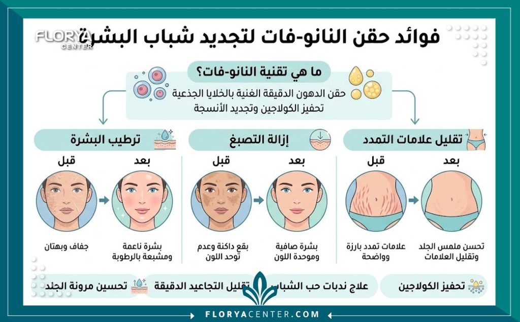 تقنية النانو فات لتحسين جودة الجلد المترهل 3 إنفوجرافيك يوضح فوائد حقن النانو فات في إزالة التصبغات وعلاج علامات التمدد ومقارنة نتائج قبل وبعد الإجراء.