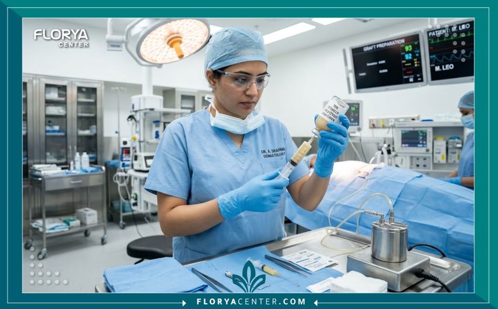 تقنية النانو فات لتحسين جودة الجلد المترهل 4 طبيب تجميل متخصص يقوم بتجهيز إبرة النانو فات داخل غرفة عمليات معقمة ومجهزة بأحدث التقنيات في عيادة تجميل.