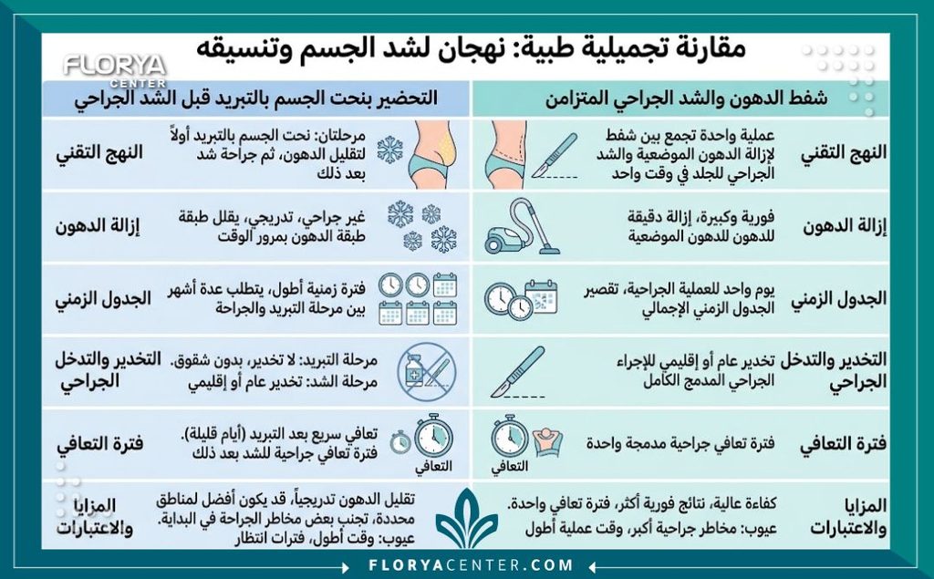 إنفوجرافيك يقارن بين فوائد تقنية تجميد الدهون قبل الشد الجراحي مقابل دمج شفط الدهون مع القص.
