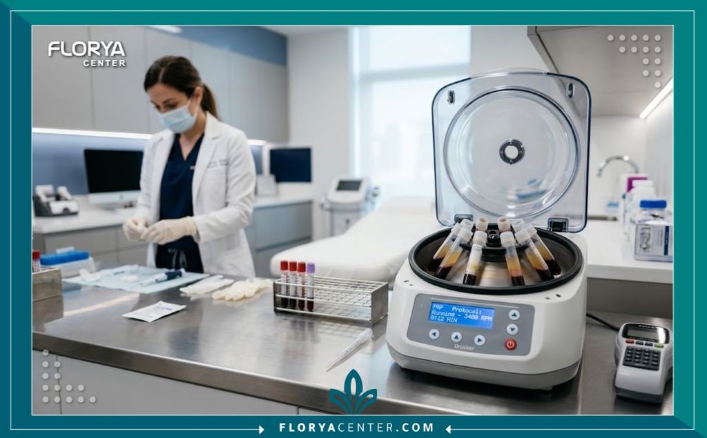 جهاز الطرد المركزي داخل عيادة تجميل حديثة ومعقمة أثناء تحضير البلازما الغنية بالصفائح الدموية لشد الجسم.