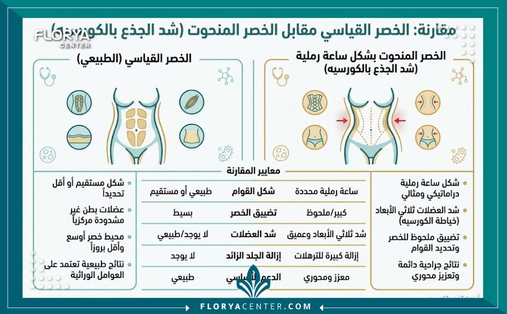 إنفوجرافيك يقارن شكل الخصر قبل وبعد عملية خياطة الكورسيه الداخلي لنحت القوام الأنثوي.