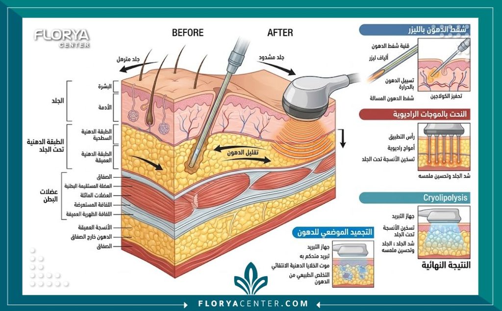رسم توضيحي طبي يوضح طبقات الجلد والعضلات أثناء عملية النحت الجراحي العضلي ثلاثي الأبعاد.