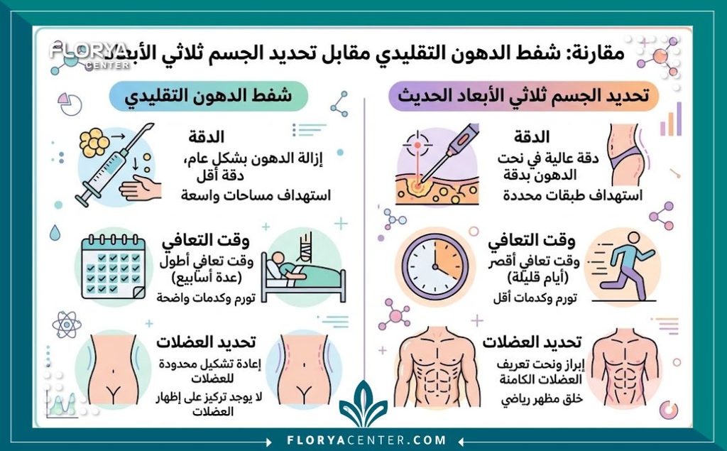 إنفوجرافيك يقارن بين شفط الدهون التقليدي وتقنية النحت الديناميكي 4D و 3D لشد الترهلات.