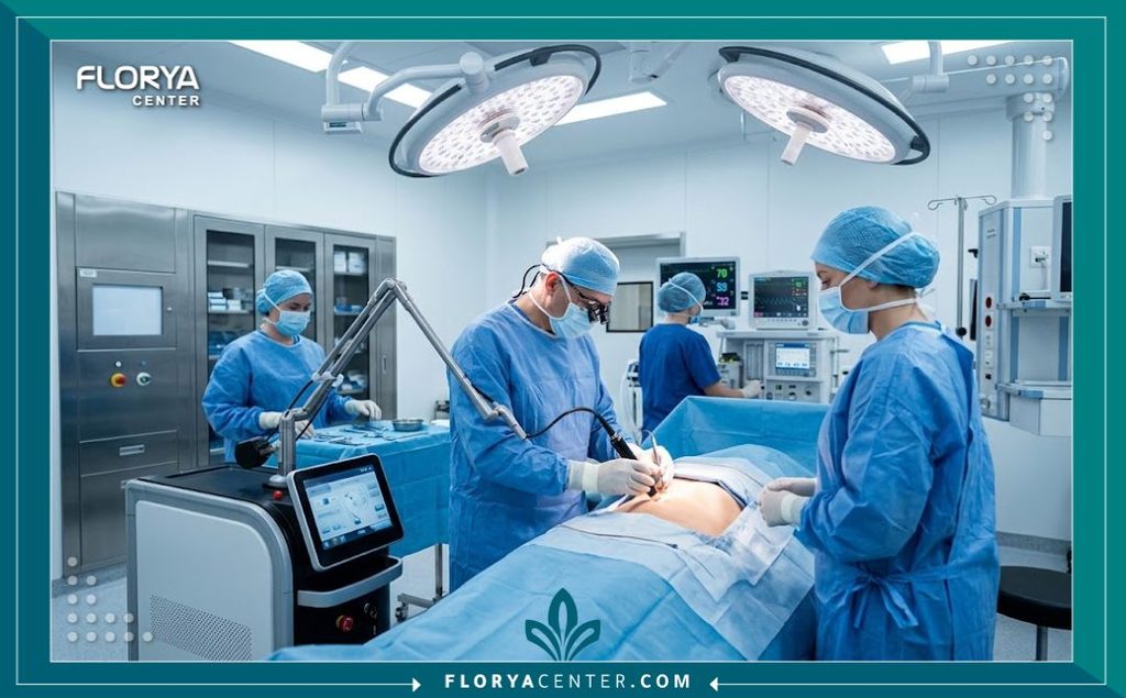 غرفة عمليات مجهزة بأحدث تقنيات النحت الجراحي العضلي داخل مستشفى تجميل متطور وراقٍ.