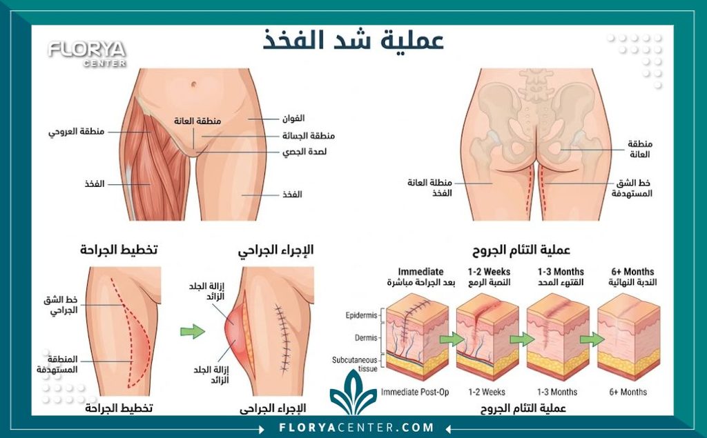 رسم توضيحي طبي لخطوات عملية شد البطن وإصلاح العضلات المترهلة