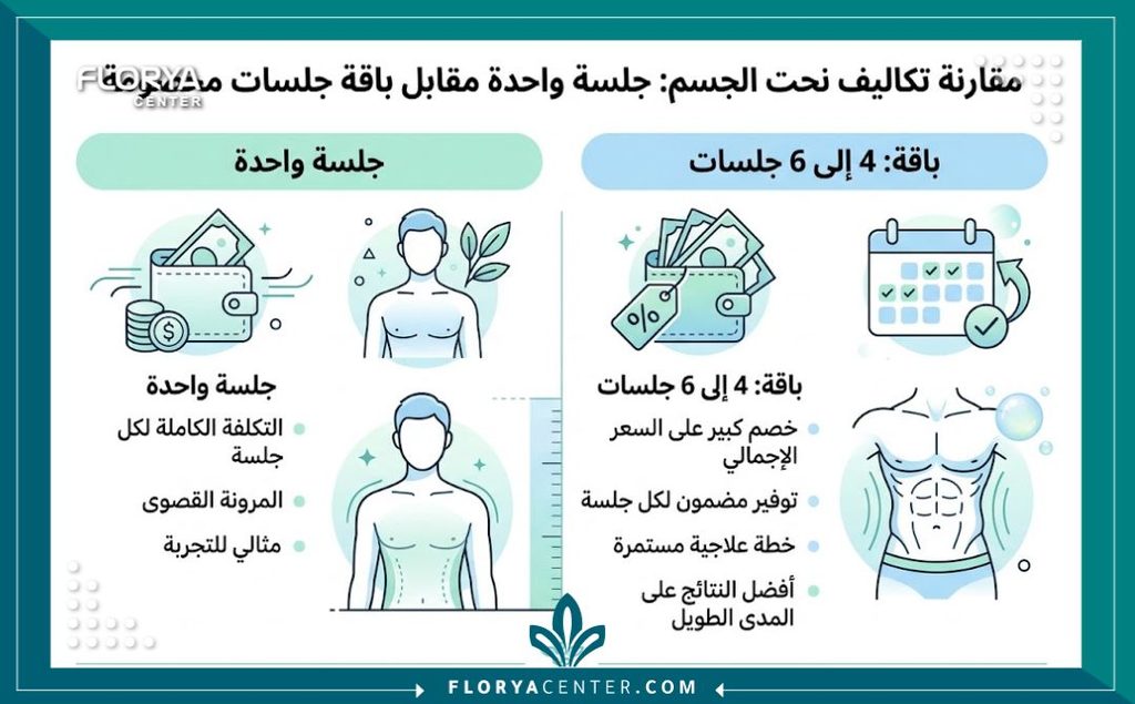 إنفوجرافيك يوضح الفرق بين تكلفة الجلسة الواحدة لجهاز الإم سكلبت وأسعار الباقات الشاملة لـ 4 إلى 6 جلسات.