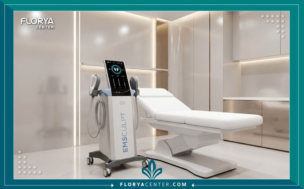 غرفة مجهزة بأحدث إصدارات جهاز الإم سكلبت الأصلي لنحت الجسم في عيادة تجميل متطورة.