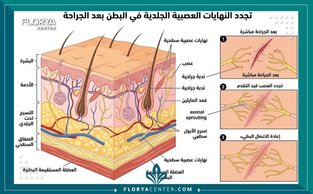 رسم توضيحي طبي لطبقات جلد البطن يظهر تعافي الأعصاب السطحية، يشرح أسباب تنميل البطن بعد عملية الشد.