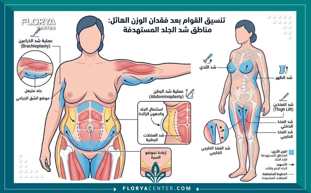 رسم توضيحي طبي لتشريح الجسم يوضح مناطق عمليات شد الترهلات الناتجة عن التكميم مثل البطن والذراعين والفخذين.