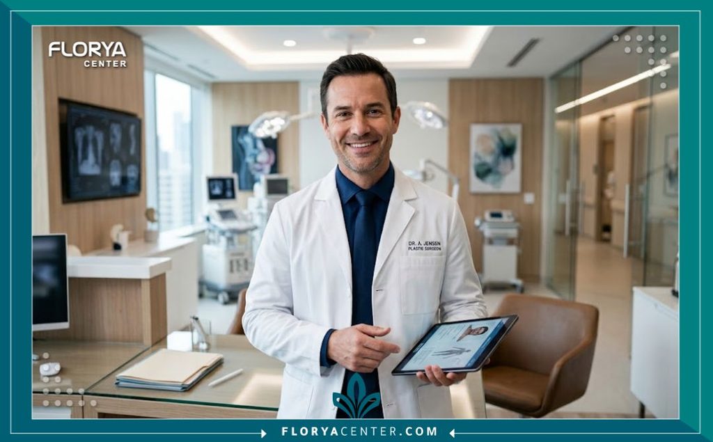 جراح تجميل خبير ومبتسم داخل عيادة تركية حديثة لتقديم استشارات جراحات تجميل ما بعد فقدان الوزن السريع.