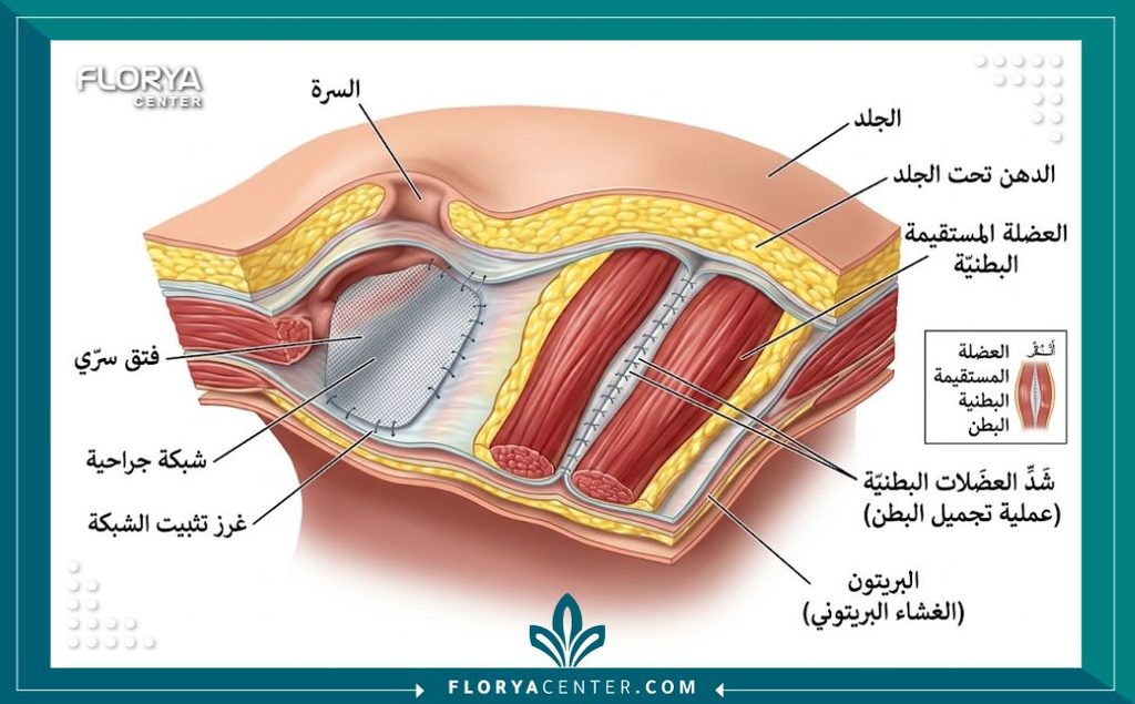 جراحة إصلاح الفتق السري المتزامن مع الشد (Umbilical Hernia Repair) 2 رسم توضيحي طبي يبين كيفية دمج إصلاح الفتق السري بالشبكة مع عملية شد عضلات البطن.